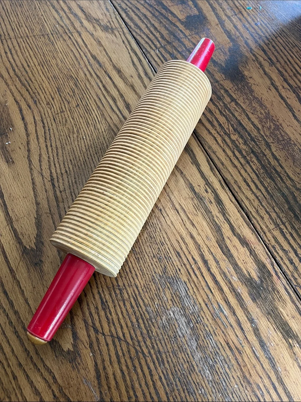 Vintage lefse Wooden Rolling Pin with Red Handles